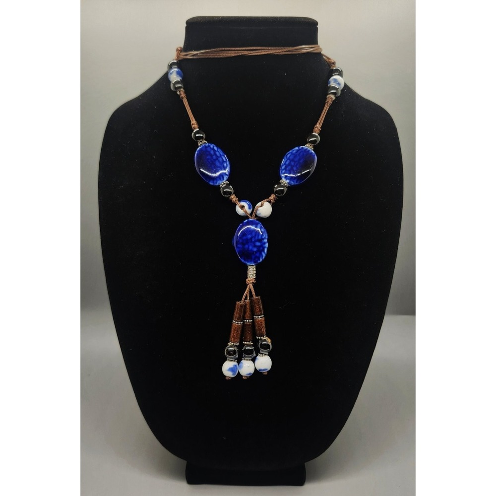 Boho Ceramic Wood Lariat Y Necklace Adjustable Blue White Black Crackle Glaze